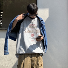 港风夏装拼接插肩袖情侣印花短袖T恤衫宽松上衣男G1053P35，男装T恤，电商A339