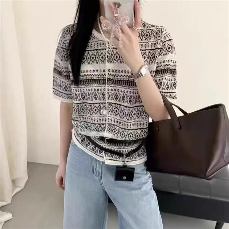 精纺羊毛费尔岛提花卷边开衫短袖,针织衫/毛衣,百纯羊绒