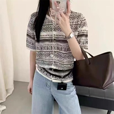 精纺羊毛费尔岛提花卷边开衫短袖，女装针织衫/毛衣，百纯羊绒