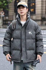 港风冬季新款棉衣男印花宽松PU皮立领面包服大码外套男MY625-P128，男装棉衣，星座505-3