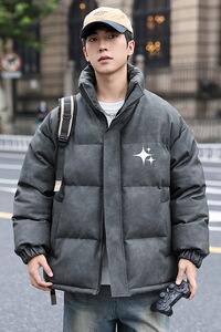 港风冬季新款棉衣男印花宽松PU皮立领面包服大码外套男MY625-P128图片