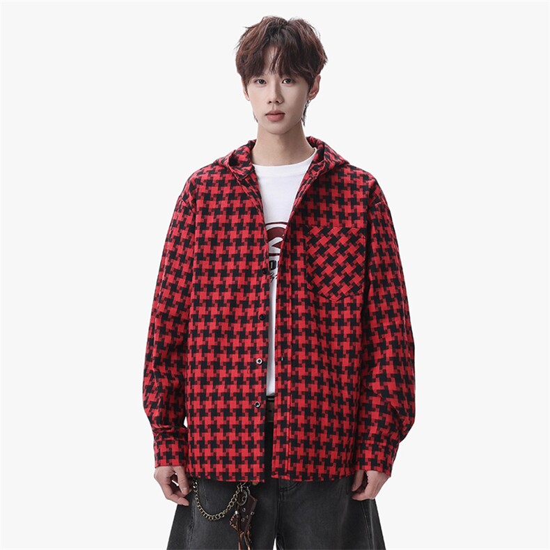 衬衫男春季新款港风宽松连帽大码格子长袖衬衣CS1981-P42，男装衬衫，星座214-3