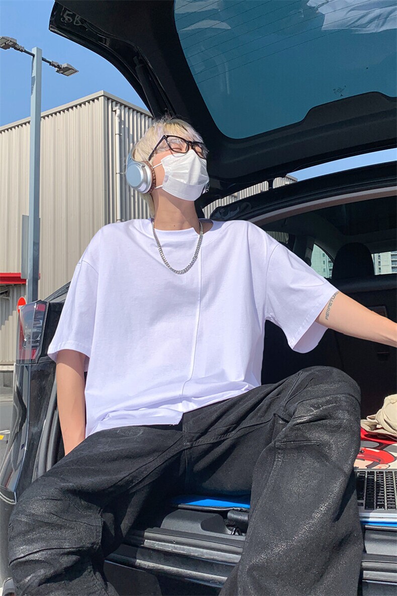 不规则领口短袖T恤男纯色夏季美式半袖体恤T3648-特价P25,男装T恤,电商A007