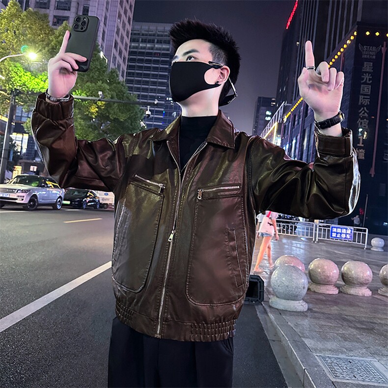 水洗皮衣男潮流翻领皮夹克上衣机车外套A368-P9819-P118图片
