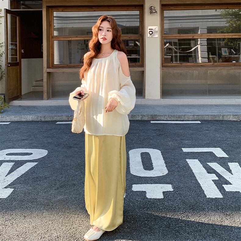 法式优雅高级感套装女2025秋季新款气质露肩上衣缎面半身裙两件套,女装连衣裙,2C123