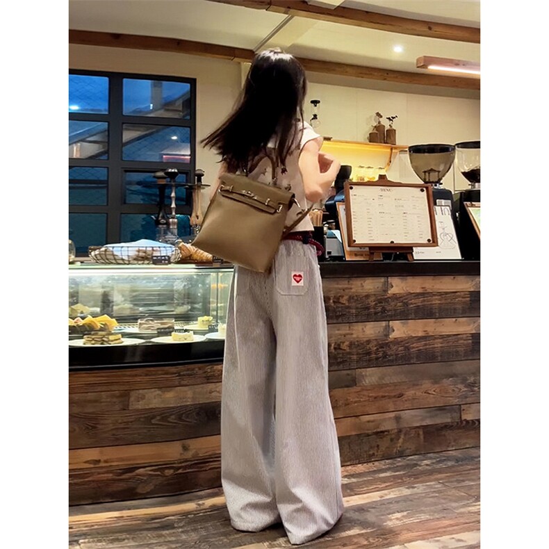 美式复古条纹休闲裤女夏季新款宽松直筒阔腿裤垂坠感设计感长裤,男装休闲裤,星座506A
