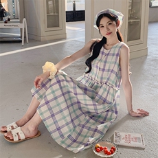 新款现货送头巾格子无袖背心裙长款2C122-2523-P135-K208，女装连衣裙，2C122