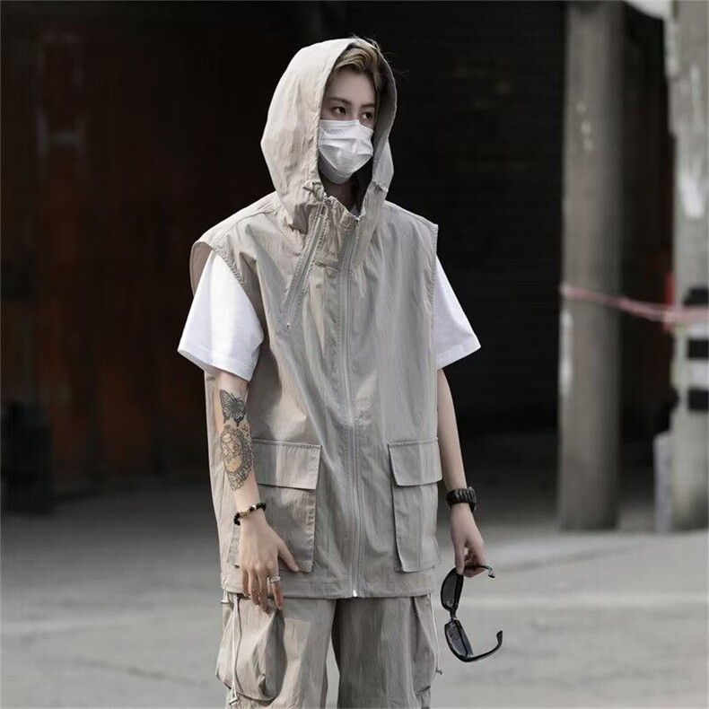 美式连帽工装背心马甲男夏季潮牌设计感无袖坎肩外套M7111-p43图片