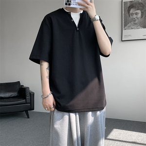 现货 T10132-特批33 控65 夏季新款假两件曼巴棉大码撞色T恤图片