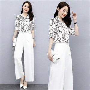 套装女2023年夏装新款女装时尚休闲气质印花上衣阔腿裤套装两件套，女装套装/套裙，关键词