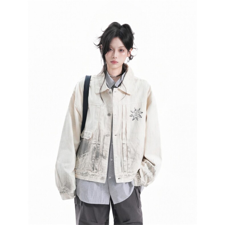JK8971-P68秋季新款美式做旧脏染复古翻领牛仔夹克印花宽松潮流,男装T恤,电商B323A