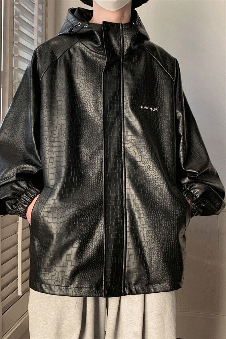 港风连帽鳄鱼纹PU皮衣大码情侣休闲冲锋衣夹克男JK8744P90控128,男装夹克,星座227-7