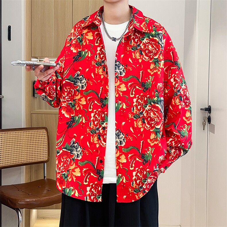 C1长袖男士宽松东北大花港风衬衣外套民族特色团队服，男装民族服装，星座115A(原星座507）