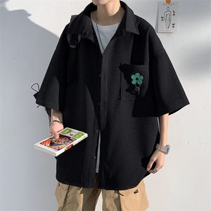 2023夏季口袋装饰质感华夫格设计宽松光影短袖衬衫外套C22635-P45图片