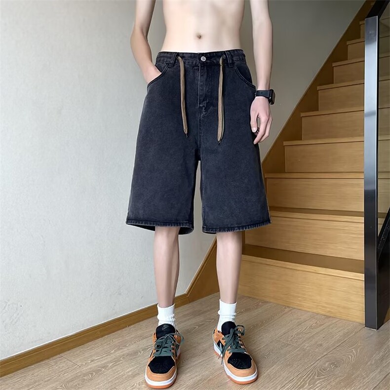 牛仔短裤男款夏季织带拼接美式复古水洗裤P38,男装牛仔裤,星座1116-2