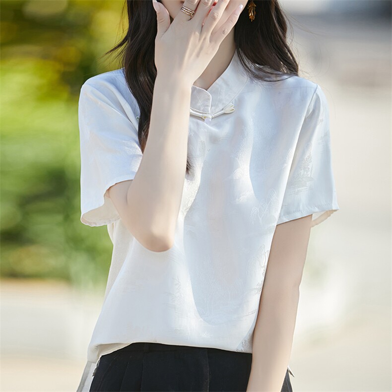 新中式国风改良短袖衬衣女高端缎面轻奢复古盘扣斜襟领衬衫上衣,女装T恤,佳绒高端店