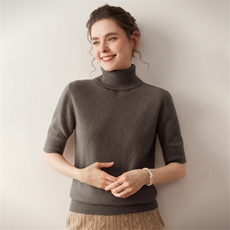 2025年秋季常规不连帽短袖修身型时尚百搭通勤高翻领短袖，女装T恤，溪贝羊绒