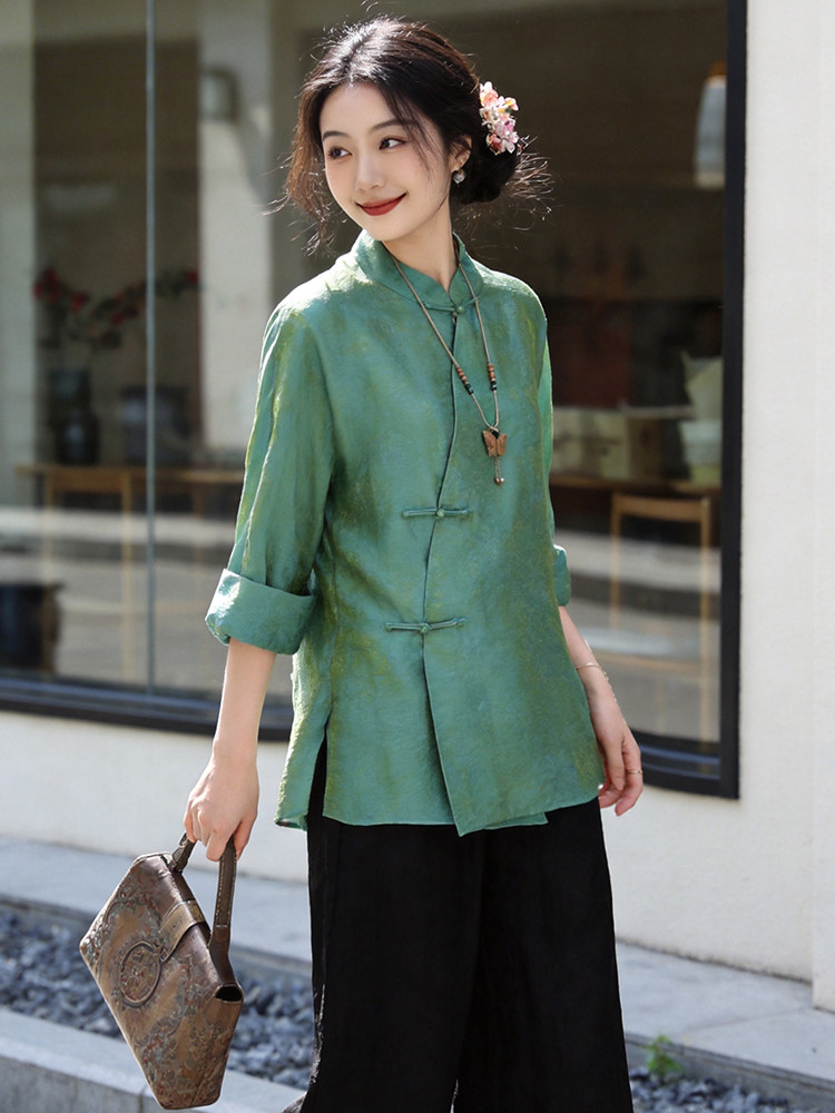 芷墨春季新款新中式设计感两件套套装日常通勤唐装上衣阔腿裤套装,女装套装/套裙,芷墨服饰