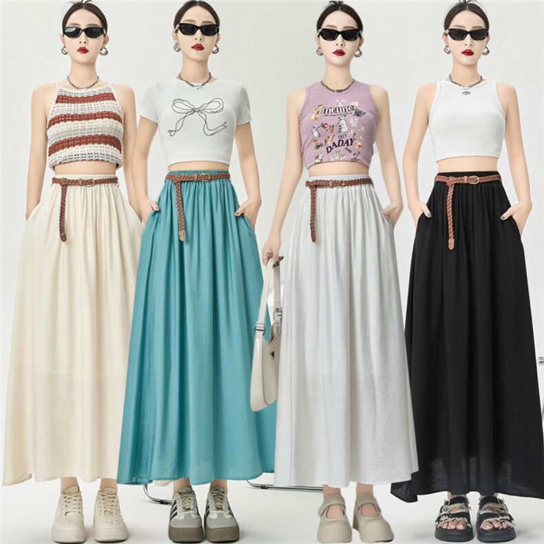 棉麻半身裙中长款女夏2025新款女装仿亚麻文艺大摆A字长裙子，女装半身裙，梦白服饰厂