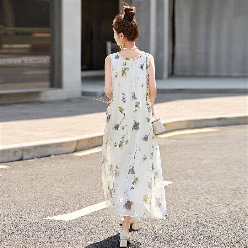PINKWIN2025夏季新款真丝无袖花卉连衣裙女高级感桑蚕丝度假长裙,女装连衣裙,诺蝶