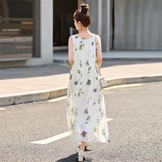 PINKWIN2025夏季新款真丝无袖花卉连衣裙女高级感桑蚕丝度假长裙，女装连衣裙，诺蝶