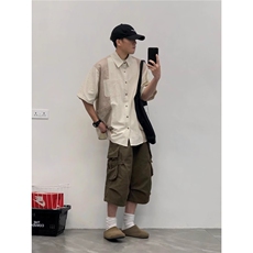 撞色拼接短衬衫宽松型其他休闲翻领夏季潮CA138-P38，男装衬衫，星座208-5
