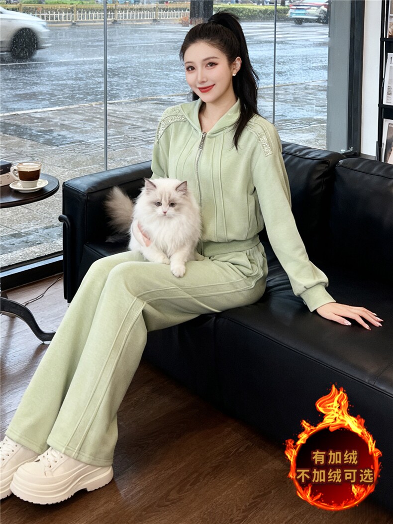 时尚休闲运动套装女秋冬新款宽松显瘦连帽开衫卫衣阔腿长裤两件套,女装套装/套裙,江南
