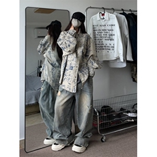 港风秋款男女牛仔夹克衫扎染印花宽松中性风外套JK3522P72，男装夹克，星座1013-1