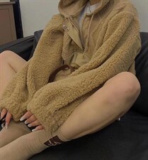 冬季新款重工针织拼羊羔毛套头帽衫，其它，AT(2F)