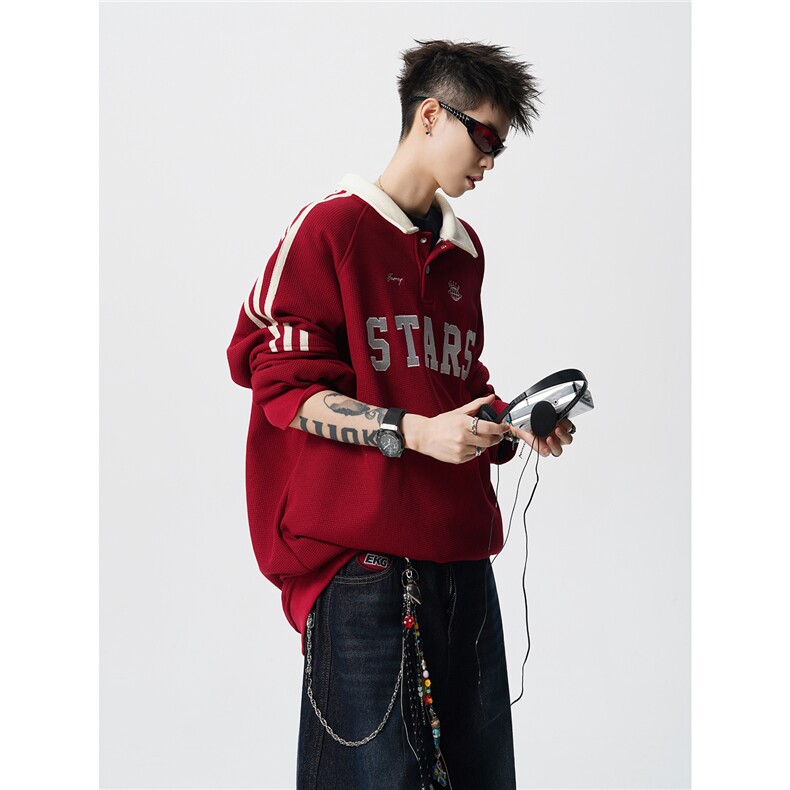 美式复古Polo领卫衣大码秋季重磅刺绣条纹上衣撞色外套WY5113/P65,女装短外套,电商B238