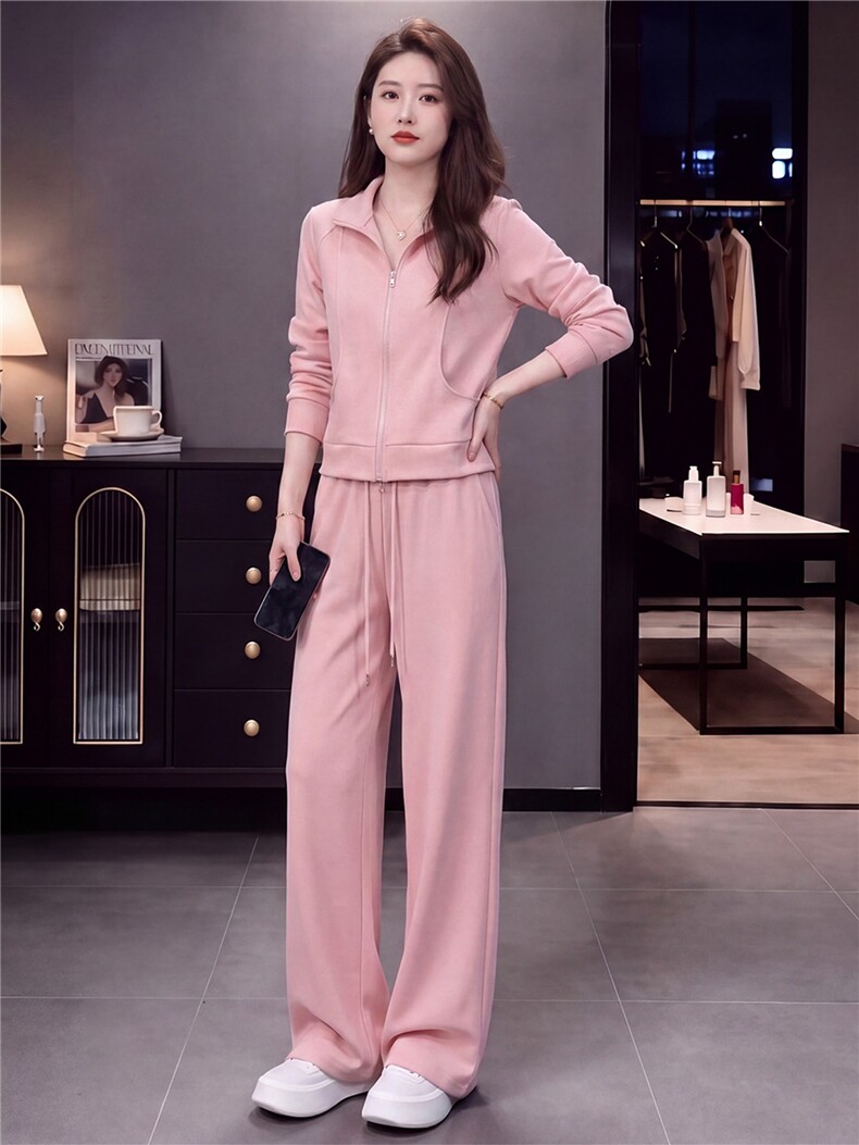 高级感时尚休闲运动服套装女春秋新款立领长袖卫衣阔腿长裤两件套,女装套装/套裙,江南