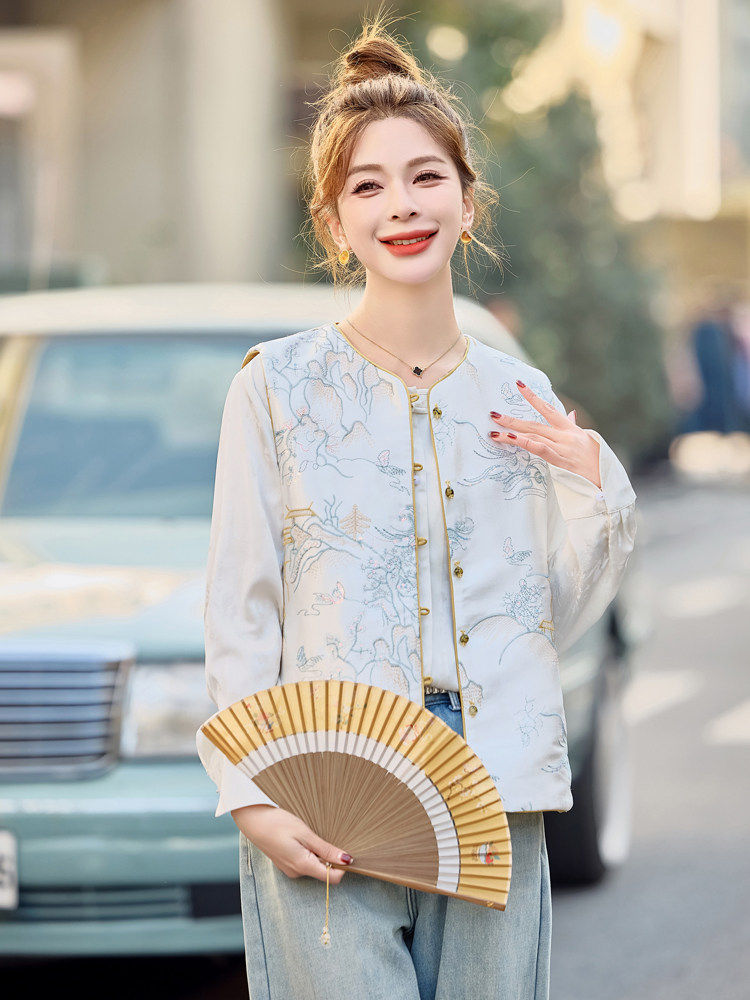 大码女装新中式绣花马甲衬衫上衣显瘦牛仔裤春新款穿搭,女装马甲,微微衣阁