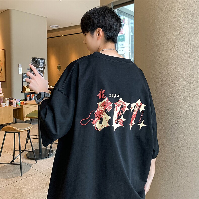 2025新款龙年字母印花高街短袖宽松M~5XLXZ604-DT217-P25控39,男装T恤,星座604