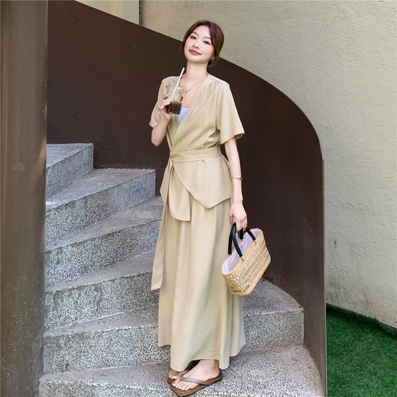 法式轻熟风气质套装裙女2025夏新款v领收腰绑带上衣半身裙两件套,女装套装/套裙,2C305