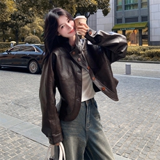 复古美式皮衣外套2025秋季新款女设计感小众宽松休闲百搭夹克上衣，女装短外套，2C170