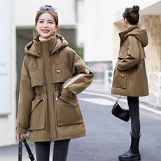 加绒加厚派克棉服女中长款2025春秋新款宽松工装风冲锋衣连帽外套，女装棉衣/棉服，采品优优