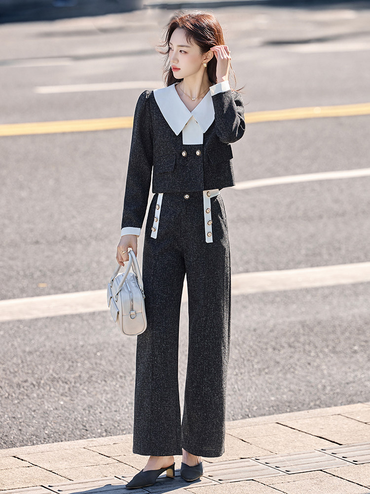 现货法式小香风翻领套装女2025年春秋新款气质减龄阔腿裤两件套,女装套装/套裙,伊仟回