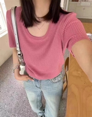 2025年春夏季显瘦气质韩版U型领短袖针织衫女百搭上衣，女装针织衫/毛衣，圣旺供货