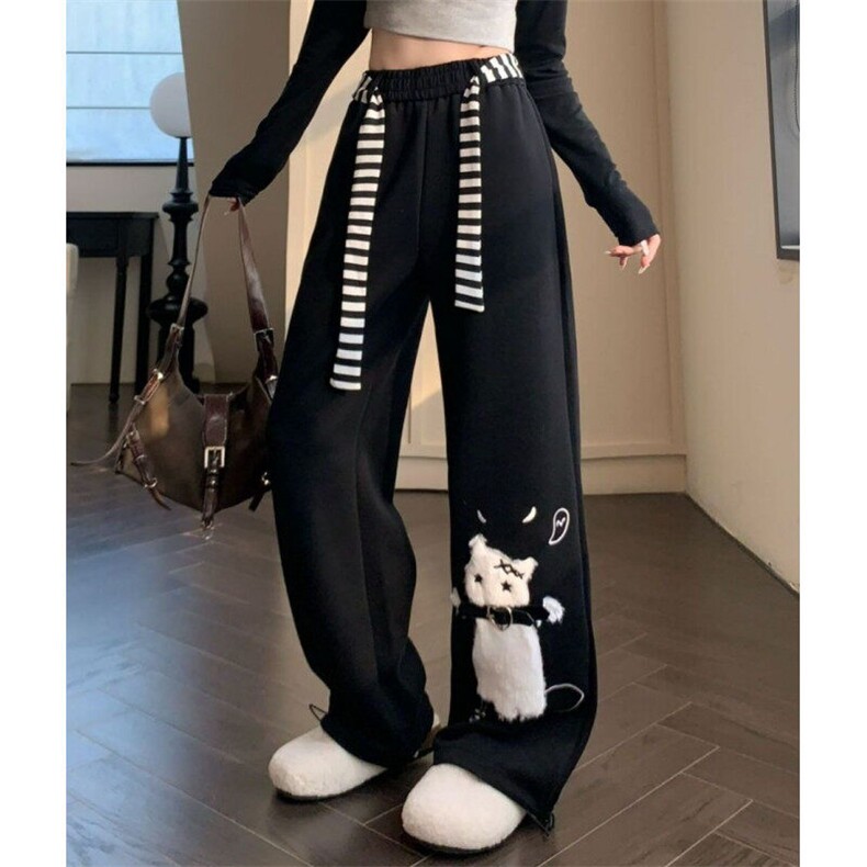 大码美式可爱猫咪黑色休闲卫裤女春夏慵懒风垂感宽松阔腿裤K8017,男装休闲裤,星座1116A（原606A-3）
