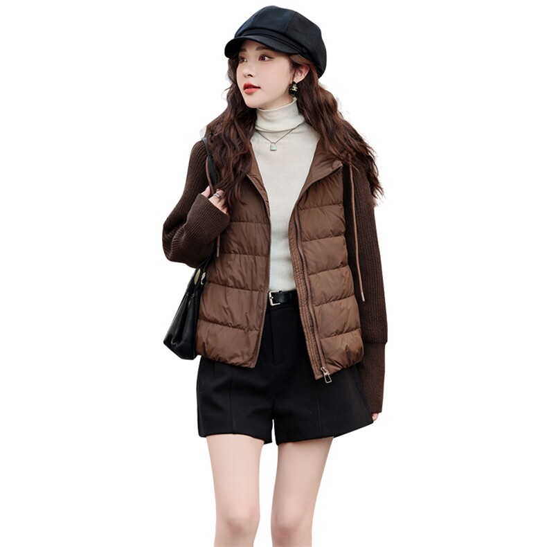现货2024小众设计毛衣针织拼接连帽羽绒服外套,女装羽绒服,深水步