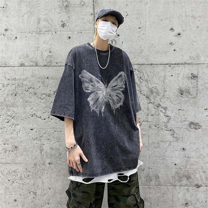 高街纯棉重磅水洗蝴蝶印花短袖T恤M~5XLXZ604-DT108-P45控58,男装T恤,星座604