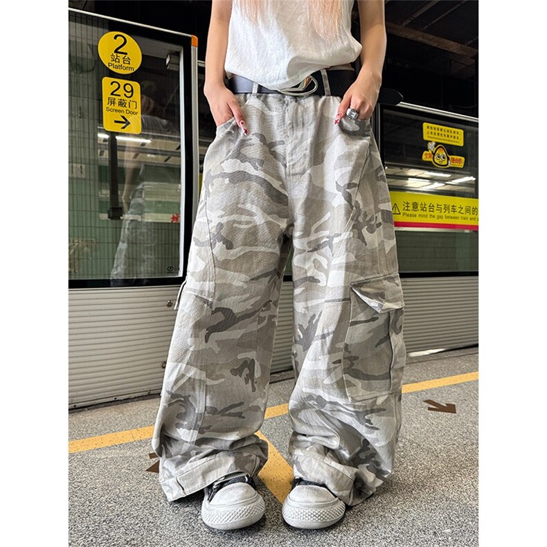 美式复古沙漠迷彩阔腿工装裤女宽松百搭街头潮牌直筒休闲裤图片