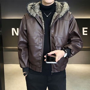 座山雕加绒加厚皮衣连帽外套男士皮毛一体PU皮棉衣B328-6651-P215图片