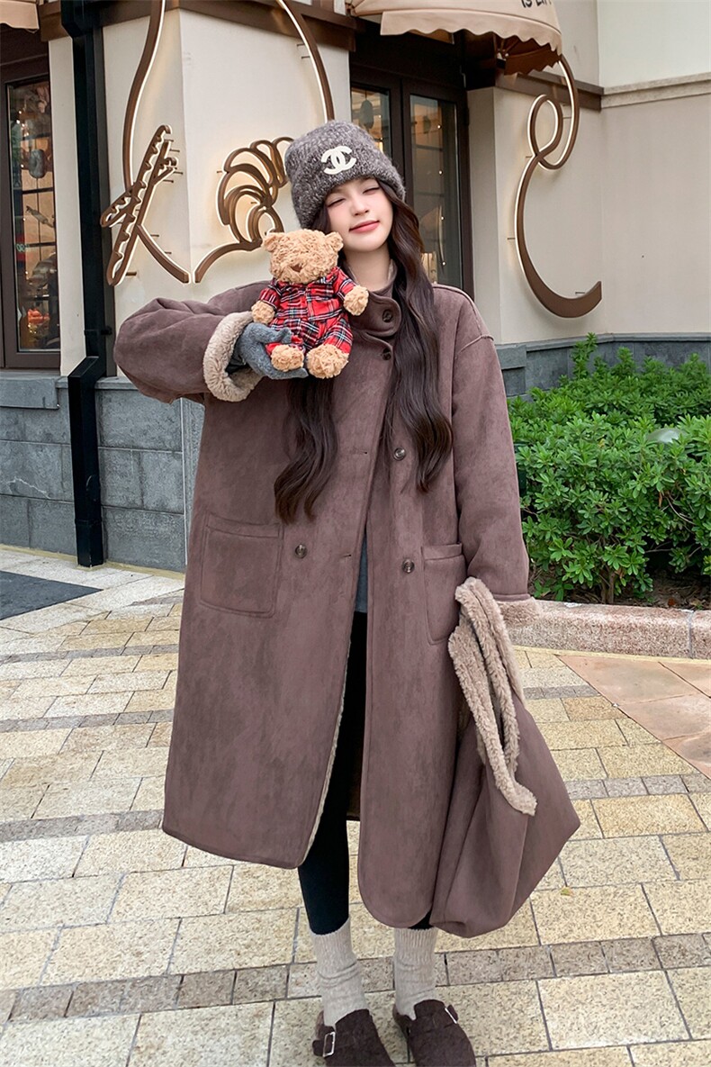 美拉德两面穿皮毛一体麂皮绒外套女2024新爆款秋冬加绒羊羔毛大衣,女装短外套,2C292