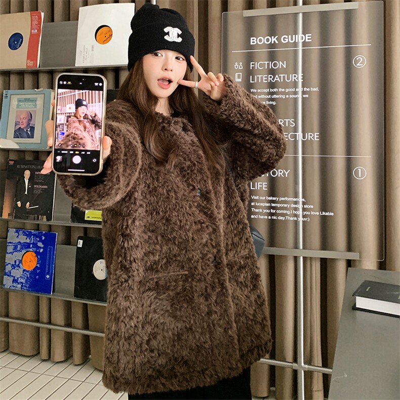 皮毛一体棕色美拉德羊羔毛中长款女冬加厚外套宽松高级感时髦大衣,女装羊羔毛/颗粒绒,浙宝305