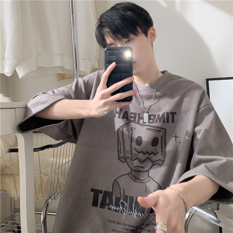 wassup happy重磅麂皮绒短袖t恤男夏季美式宽松体恤潮牌百搭半袖图片