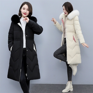 羽绒棉衣棉服女2021年冬季修身加厚长款抽绳街头通勤纯色过膝棉袄图片