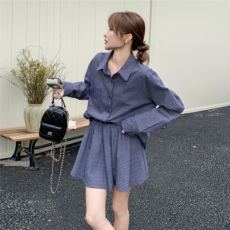 蓝色格子衬衫套装裙女2025春季新款学院风减龄小个子半身裙两件套,女装套装/套裙,2C206