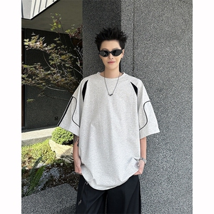 8XL-M 美式小众高级感拼接短袖T恤男夏简约百搭宽松纯棉上衣DX336图片