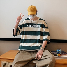 1港风美式字母印花设计大码M-5XL潮条纹短袖T恤男77023P35控58，男装T恤，星座226-2